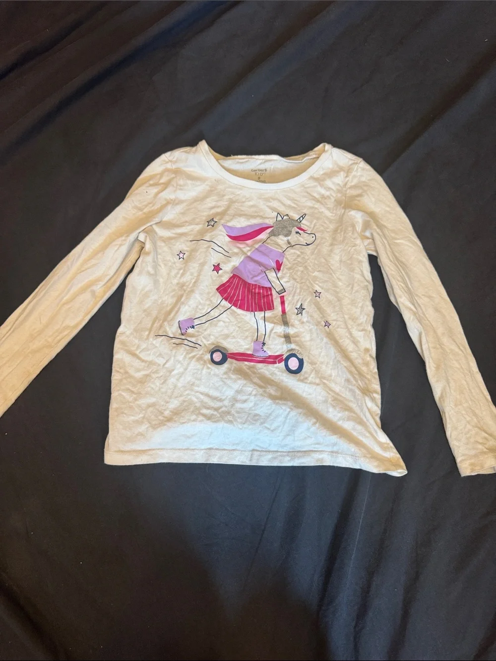 Carter's Cream Long-Sleeve Tee with Pink Unicorn Skateboard Graphic